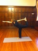First attempt to balance in Natarajasana, the supporting knee is bent